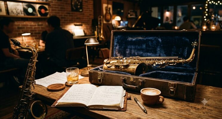 ボックスに入って夜のカフェに置かれてるサックス