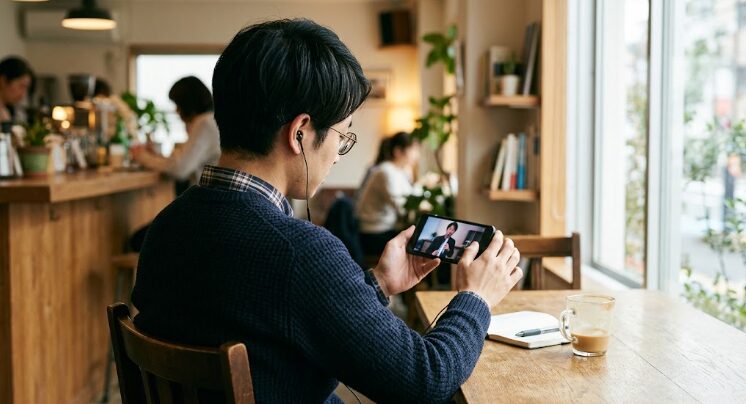 スマホでサックスのレビューを見る男性の画像