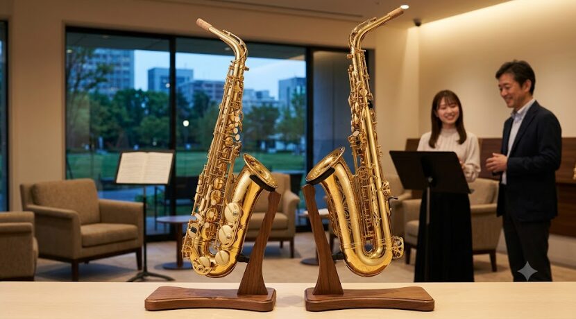 モダンで落ち着いた楽器店の試奏室にて、木製スタンドに並べられたヤマハのアコースティックアルトサックス、YAS-480(左)とYAS-62(右)。両モデルの外観は酷似しているが、YAS-62はより精巧なベル彫刻と、太く剛性の高いネックレシーバー、一体座構造を持つ。背景では、日本人の母娘が笑顔で楽器を見つめている。16:9アスペクト比。