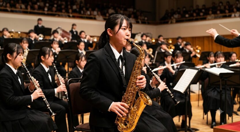 活気あふれる日本の高校吹奏楽コンクールのステージ上。黒いユニフォームを着た女子生徒(日本人、17歳)が、ヤマハYAS-62 alto saxophoneを真剣な表情で演奏している。その周囲では、大編成の管楽器や打楽器セクションが合奏しており、YAS-62が持つ「音の遠達性」と「芯の太さ」が、他の楽器に埋もれず、ホール全体に響き渡っている様子を捉えている。16:9アスペクト比。