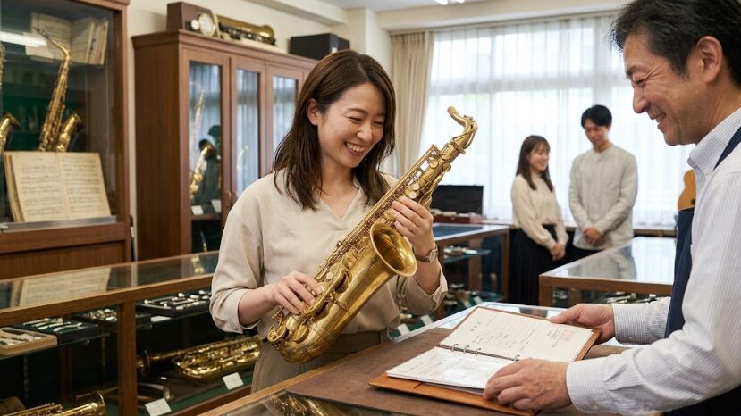 東京のお茶の水にある中古楽器専門店にて。日本人の女性購入者(30代)が、憧れのヤマハ「YAS-62 初代パープルロゴ」アルトサックスを手に取り、満面の笑みを浮かべている。管体にはヴィンテージ特有の深みのあるパティーナが乗り、ベルの「YAMAHA」ロゴが紫色のプリントで確認できる。カウンターでは経験豊富な鑑定士が、品質保証書を提示している。資産価値と歴史の重みを感じさせる1枚。16:9アスペクト比。