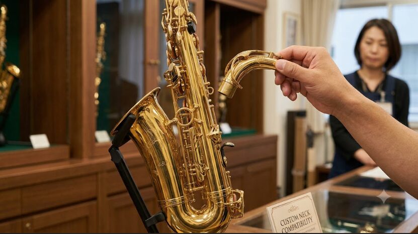 ヤマハYAS-480のネックレシーバーに、日本の専門技術者がゴールドラッカーのカスタムE1ネックを装着し、互換性を実演しているクローズアップ写真。ショップの暖かい木の質感が背景に広がる。16:9アスペクト比。