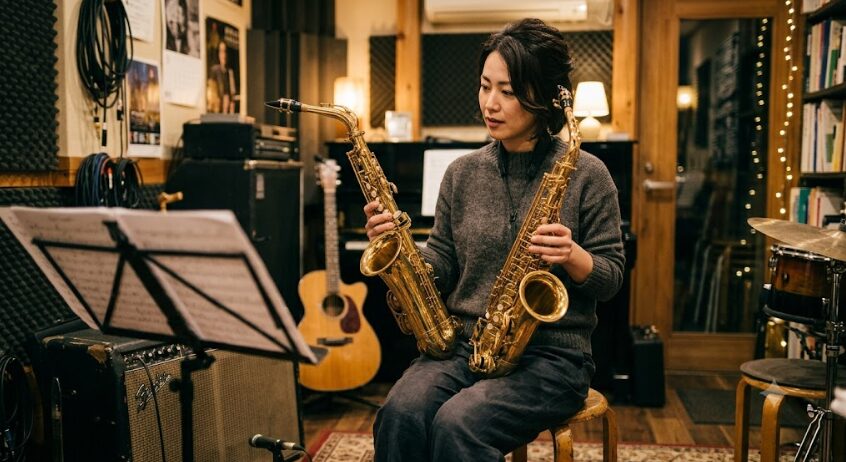 二つのサックスを見比べる女性の画像