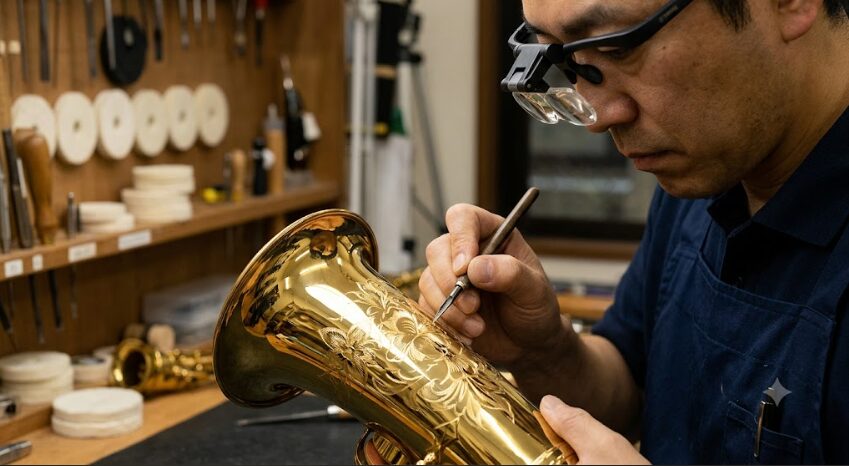 ヤマハのアルトサックスYAS-62のベルに、日本人職人が手作業で繊細な彫刻を施している様子。熟練の技術と品質の高さを象徴。