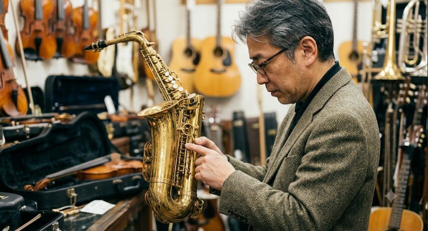 中古楽器店で、日本人の管楽器専門リペアマンが中古のヤマハYAS-62のタンポ(パッド)の状態を、ライトを使って念入りに点検している様子。
