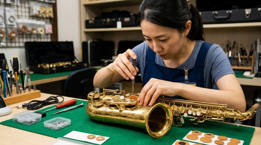 サックスを分解調整している様子
