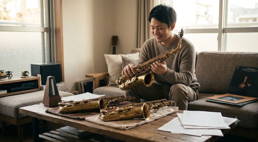 旧モデルの古いサックスを並べている画像