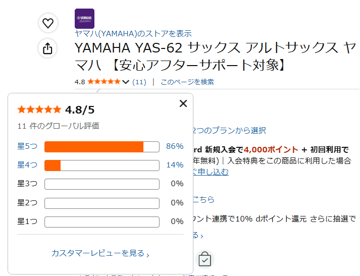 YAS-62のアマゾンの平均レビュー
