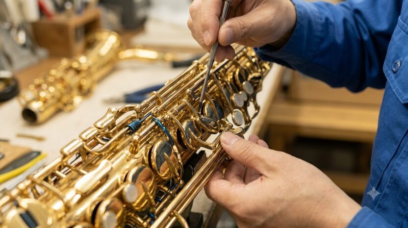 中古のヤマハYAS-62アルトサックスの複雑なキイメカニズムを、精密ドライバーを使って慎重に調整する日本の管楽器リペアマンの手元。一体座構造や硬質ニードルスプリングの細部が強調されている。