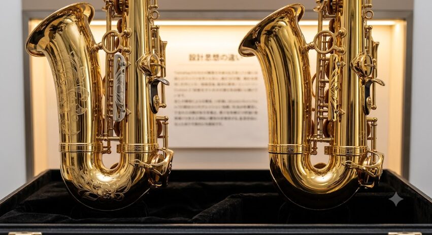 違うモデルのサックス二種類が並べて置かれてる様子