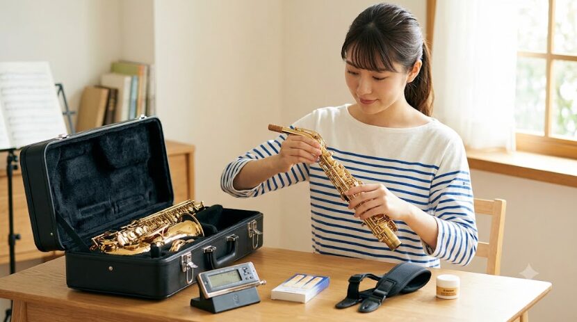 アルトサックス初心者の日本人女性が、新しいヤマハYAS-62を前に、チューナー、リード、ストラップ、マウスピースパッチなどの必須アクセサリー一式を机の上に広げ、演奏準備を整える様子。清潔で整理された練習環境。