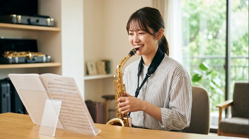 初心者の日本人女性が、自宅の練習室で新しいヤマハYAS-62アルトサックスを手に取り、初めての演奏に成功して喜びと達成感に満ちた笑顔を浮かべている。適切なホールドとリラックスした雰囲気が強調されている。