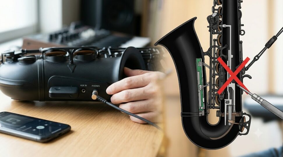 YDS-120デジタルサックスと、安全な外付けBluetoothレシーバーの接続例(左)と、リスクのある内部キーメカニズムへの分解(右)を対比させた、アイキャッチ用の合成画像。