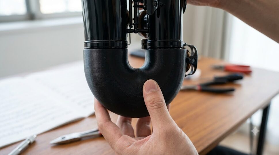 YDS-120デジタルサックスに、3Dプリンターで作られたカスタムのベル(ベル後付けパーツ)を丁寧に取り付けている日本人の手のクローズアップ写真。