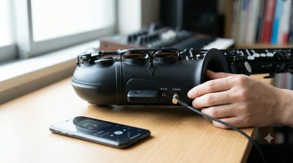YDS-120デジタルサックスのAUX IN端子に市販のBluetoothオーディオレシーバーを接続し、スマホからの伴奏を有線で入力してヘッドホンで聴くための「擬似ワイヤレス化」の接続例を示すクローズアップ写真。