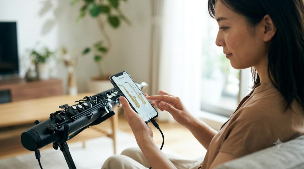 日本人女性が、スマホの専用アプリ「YDS Controller」を使用して、OTGケーブルで接続したYDS-120デジタルサックスの運指(フィンガリング)をカスタム設定している様子。