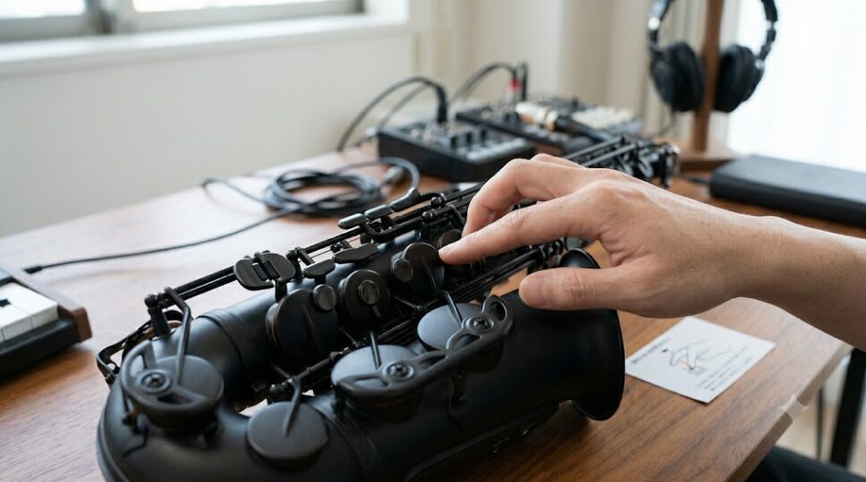 YDS-120デジタルサックスの外装ネジを精密ドライバーで慎重に取り外す、日本人の手元と工具。分解行為がメーカー保証喪失につながるリスクを視覚的に伝えている。