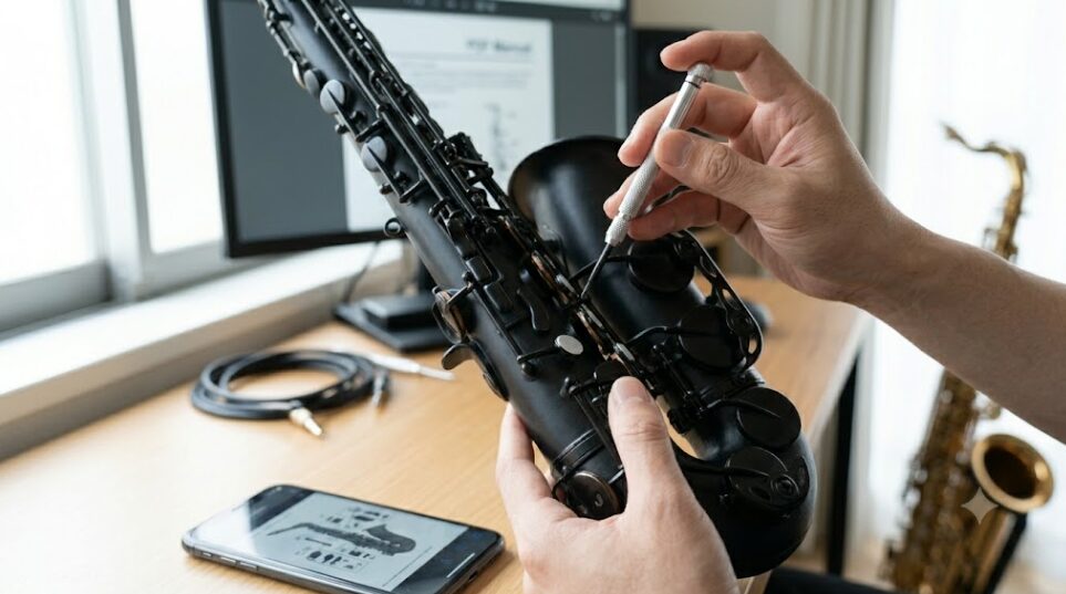 YDS-120のブラックボディを慎重に扱いながら、精密ドライバーでキーメカニズムを確認する日本人の手元。改造の手法とメリットを象徴する、ディテールを重視したカット。