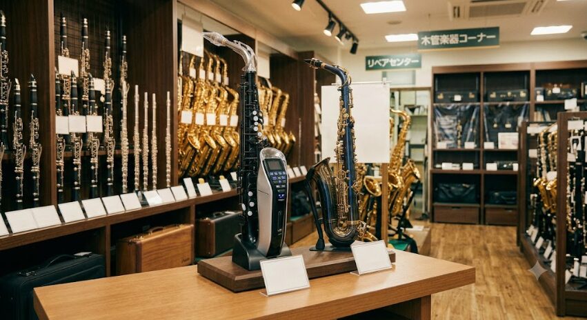 楽器店で二種類の電子サックスが展示されてる画像