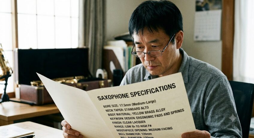 サックスのスペック表を見る男性の画像