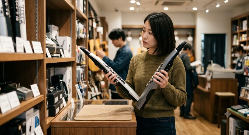楽器店でどちらのサックスを選ぼうか迷ってる画像
