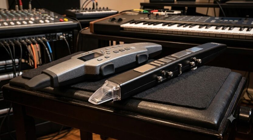 エアロフォン二種類を並べた、電子管楽器のデザインと質感の比較。それぞれのセンサーやキイの違いがわかる。