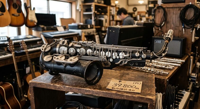 中古楽器店で売られてるサックスの画像