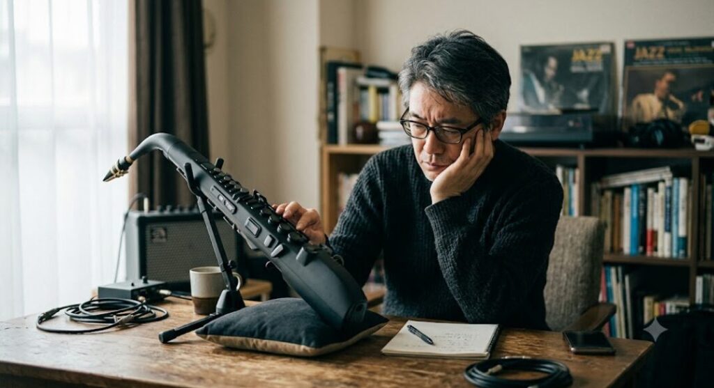 電子サックスの不具合について悩んでる男性の画像