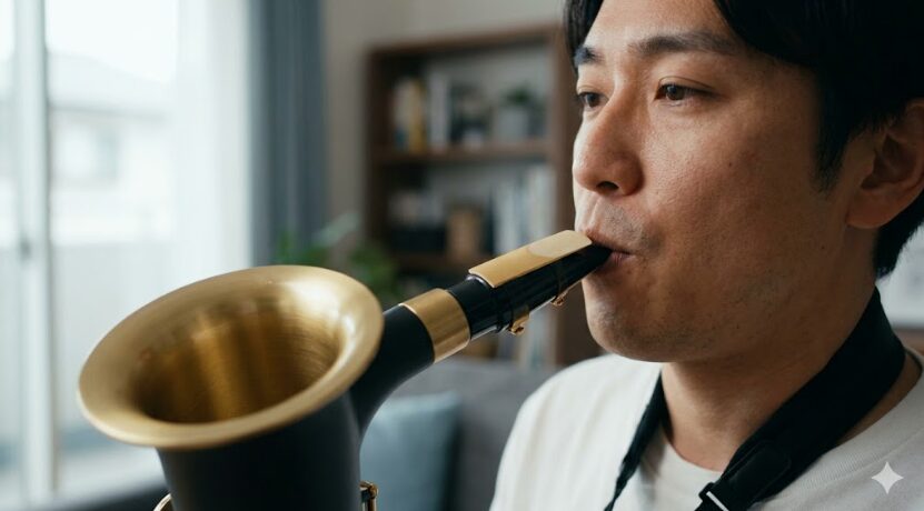 アコースティックサックスのようにリードが振動しないYAMAHA YDS-150のマウスピースを、日本人の男性が自然なアンブシュアで吹く様子。