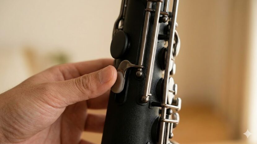 左手親指で操作する、押し心地が柔らかくストロークが短いYDS-150のオクターブキーのクローズアップ。
