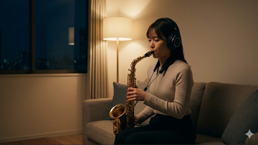 自宅のリビングで夜間に、ヘッドホンを着用してYDS-150を静かに演奏する日本人の女性。