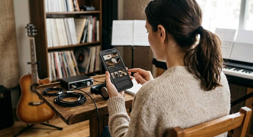 サックスのレビューをスマホで閲覧してる画像