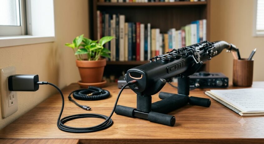 ケーブルで充電している電子サックス画像