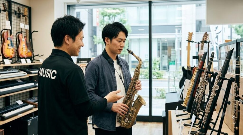 日本の楽器店で、ヤマハのデジタルサックスYDS-150を手に取り、店員の説明を聞きながら購入を検討している男性の様子。品薄状態が解消されたことを視覚的に伝える、安心感のある店内写真。