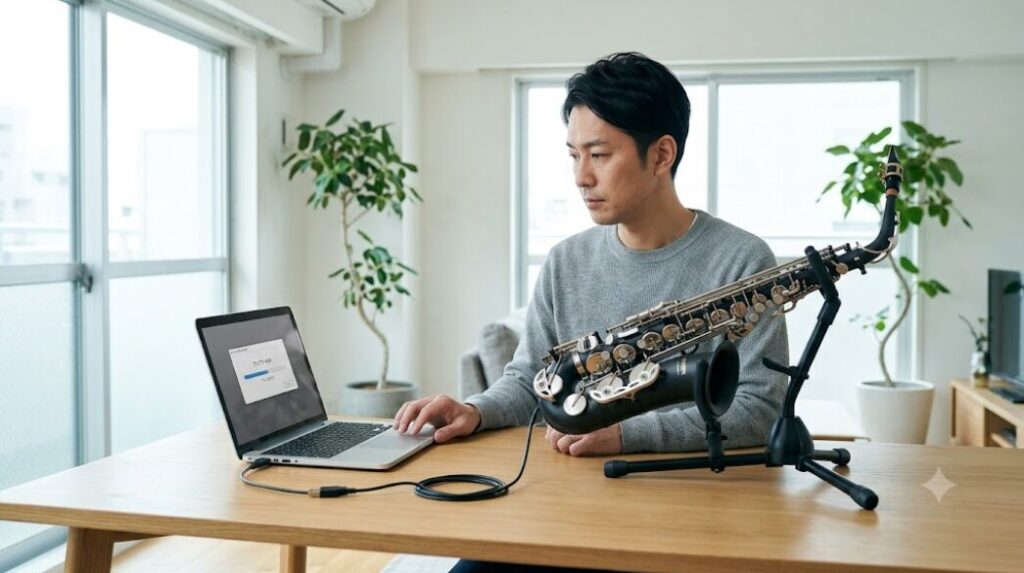 パソコンにつないで電子サックスのアップデートをしてる画像