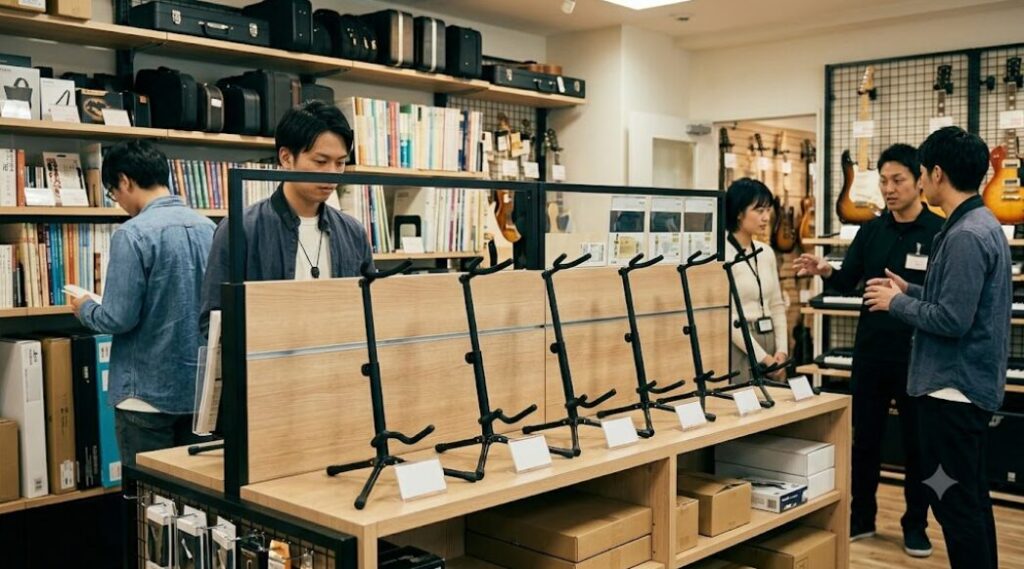 楽器店の中で在庫切れになってるサックス売り場の画像