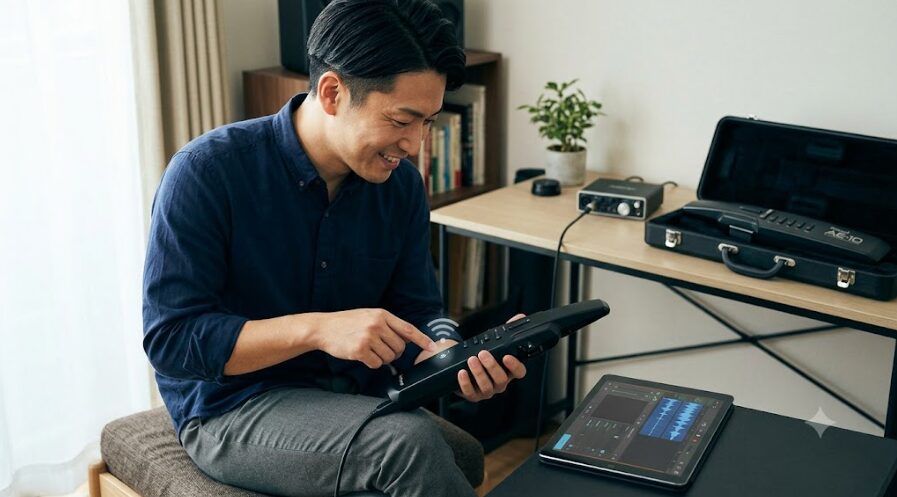 自宅スタジオでiPadとBluetooth接続して最新のエアロフォンAE-20を楽しむ日本人男性。その傍らには引退した旧型のAE-10が置かれている。