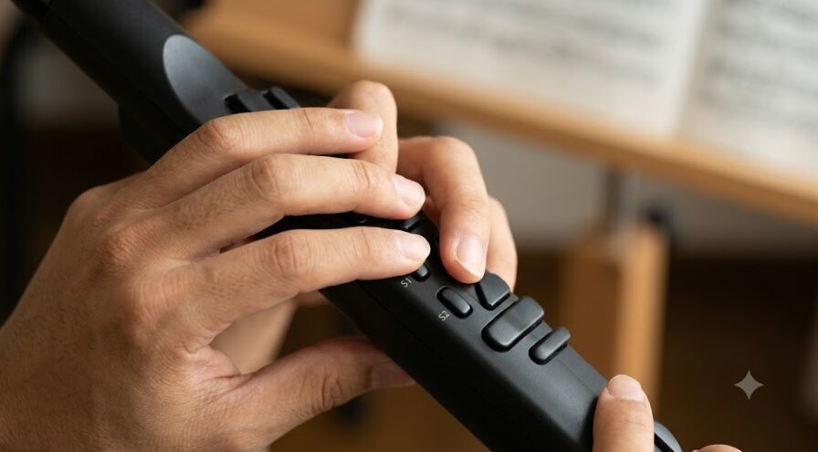 エアロフォンAE-10を演奏中、左手の指がメインキーではなく、上部にある小さなS1・S2ファンクションボタンを誤って押してしまっているクローズアップ写真。