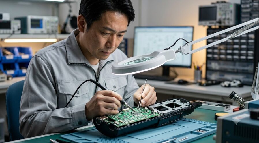 明るい専門の修理工房で、精密機器としてのデジタル管楽器「AE-10」の内部基板を拡大鏡とツールを使って慎重にメンテナンス・点検する日本人の技術スタッフ。