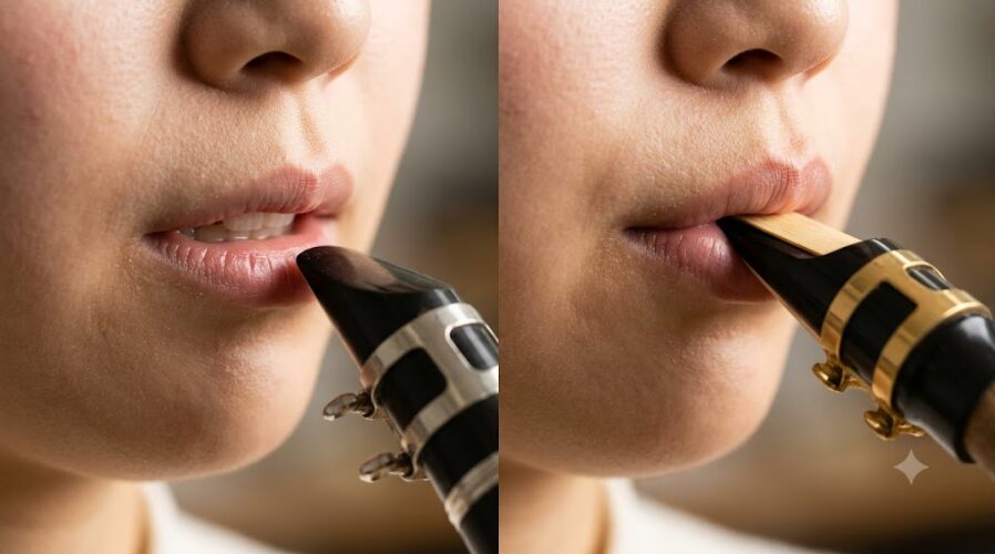 クラリネットのシンリップ奏法とサックスのファットリップ奏法の違いを示す下唇の拡大比較