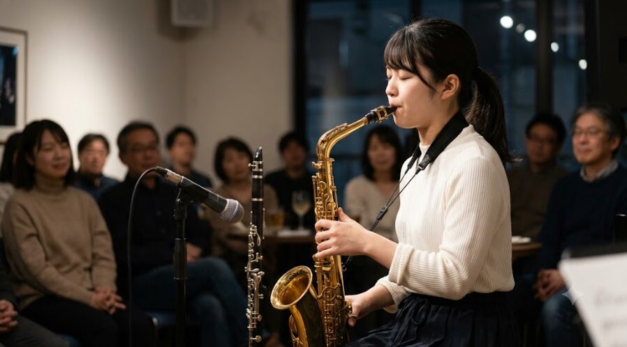 ジャズクラブでテナーサックスを感情豊かに演奏する、クラリネット経験のあるアジア人奏者