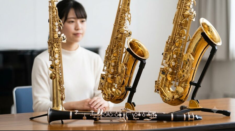 クラリネットと比較するために並べられた、ソプラノ、アルト、テナーの3種類のサックス