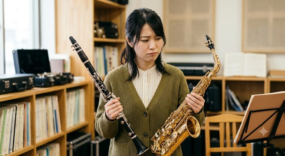 クラリネットとサックスを片手ずつに持った女性