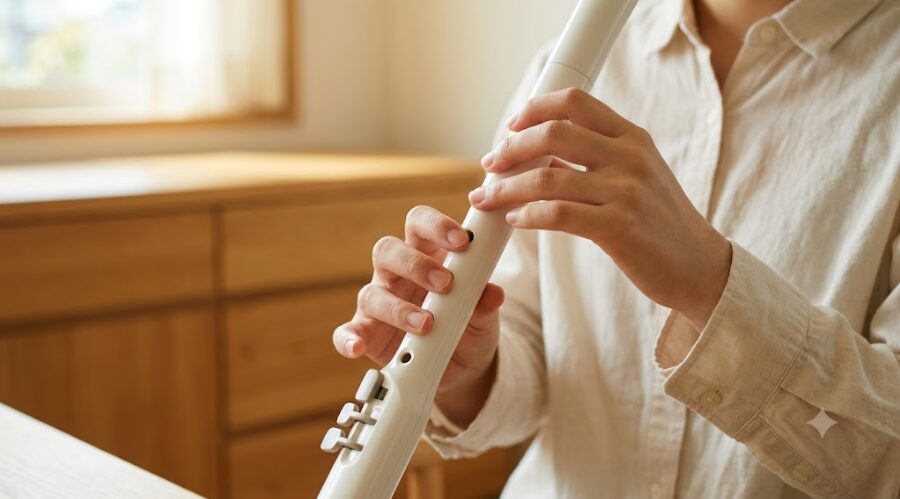 日当たりの良い室内で、日本人の若い女性奏者が白いヴェノーヴァを演奏し、リコーダーのように指で直接トーンホールを塞いでいる手元のアップ写真。