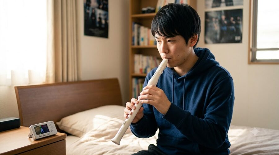 アパートの一室で、日本の若い男性が少し困った表情で白いヴェノーヴァを吹き、音量を気にしながら練習している様子を捉えた屋内写真。