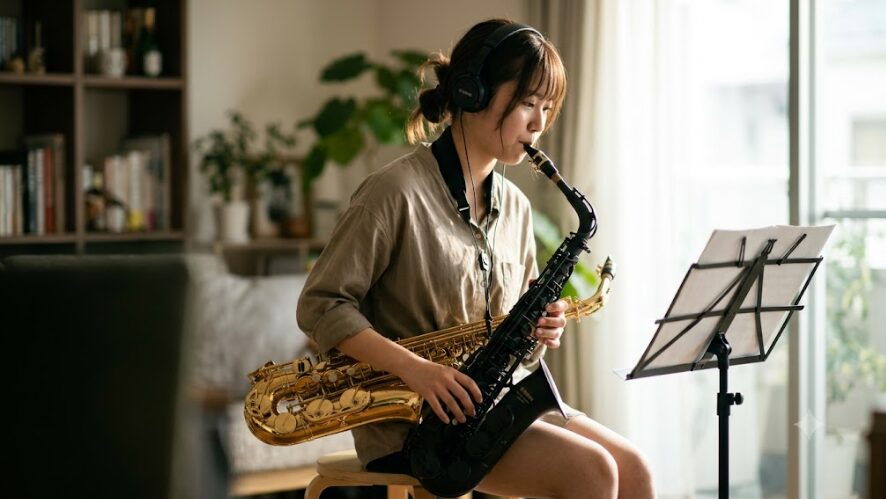 自宅のソファに座った日本の若い女性が、ヘッドホンを装着して黒いデジタルサクソフォン(YDS-150)を静かに練習しており、傍らにアルトサックスが置かれている室内写真。