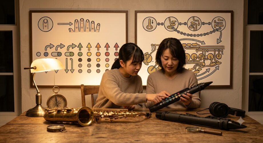 夜の自宅のリビングで、日本の若い女性がソファに座り、消音器(DIYサイレンサー)を取り付けたカジュアル管楽器(ヴェノーヴァ)を静かに練習している。傍らのテーブルにはデジタルサックスが置かれている。