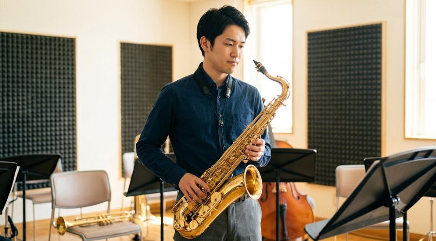 練習室でテナーサックスを構え、その重さを実感する日本人男性奏者