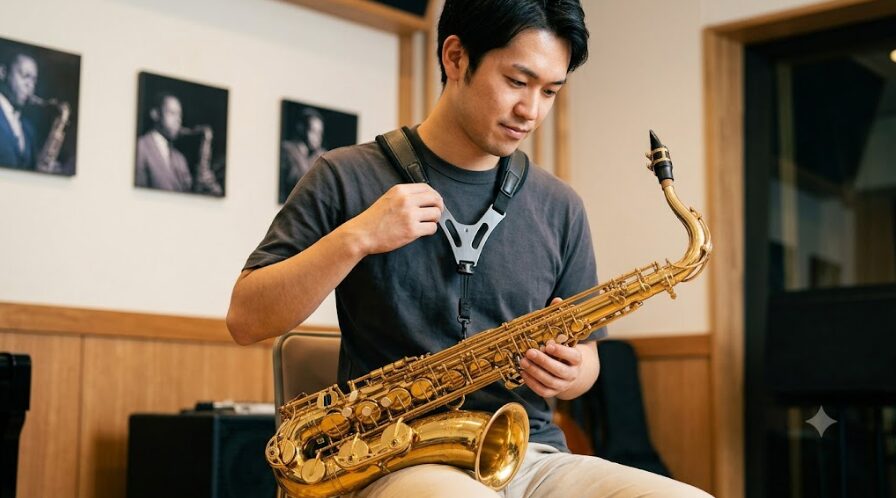 高機能ハーネスストラップを着用し、テナーサックスを快適に保持する日本人男性