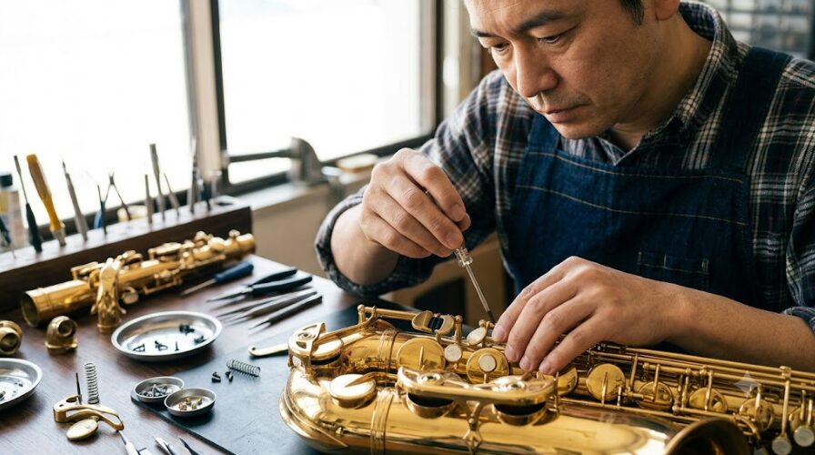 作業台でテナーサックスに金属製のカスタムサムレストとサムフックを精密に取り付ける日本人リペアマンの手元